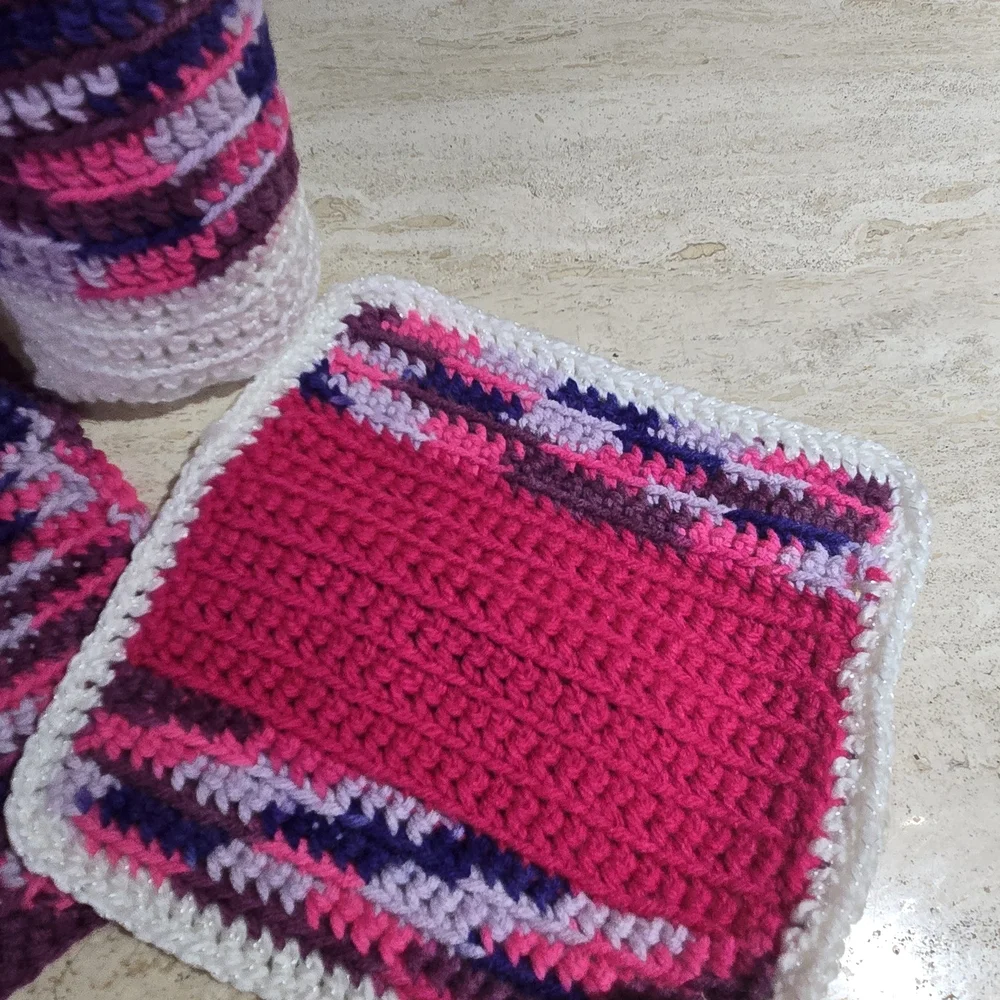Handmade Crocheted Kitchen Set in Pink, Purple & White